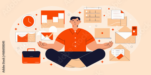 Man in meditation surrounded by office elements like clock calendar laptop and mail