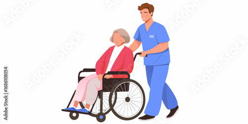 Caring male nurse pushing elderly woman in wheelchair with a smile