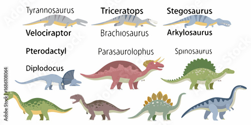 Collection of popular dinosaur species illustrated with their names