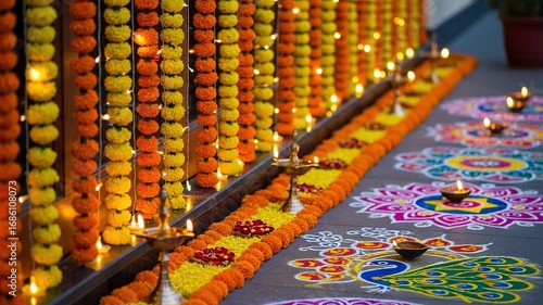 Vibrant Indian festival decorations with hanging marigold flower garlands, colorful rangoli floor art, and glowing traditional oil lamps or diyas.