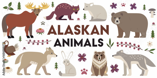 Collection of alaskan wildlife animals and nature elements in a flat design style