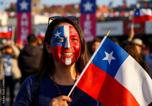 Chilean Woman Celebrating Independence Day with Face Paint and Flag.