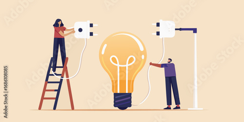 Two people working together to connect a giant light bulb to power for a bright new idea