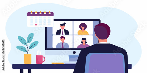 Man participating in a video conference call with colleagues on a computer screen with a calendar nearby