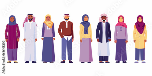 Diverse group of muslim men and women standing together in traditional and modern islamic clothing
