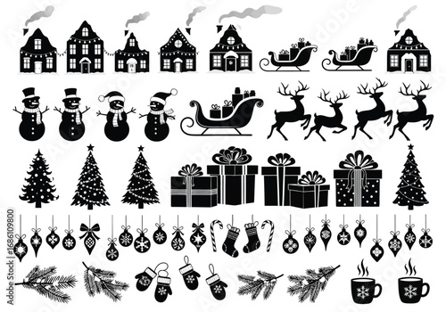 A large collection of black Christmas silhouette icons for festive design, featuring holiday elements like Santa's sleigh, reindeer, and snowmen
