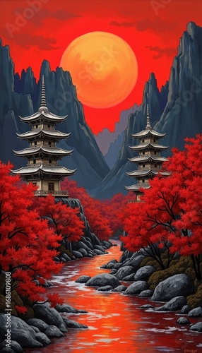 Serene Oriental Landscape with Pagodas, Bridge, and Majestic Mountains Under Red Sun