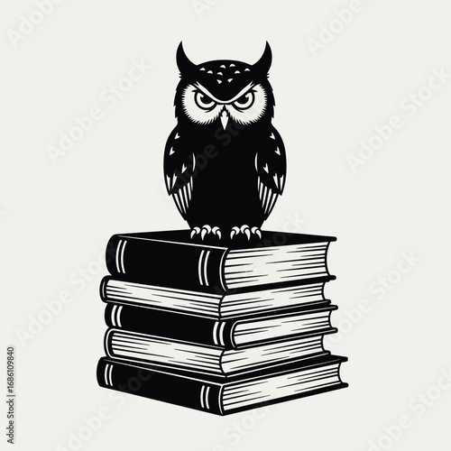 A monochrome vector illustration of a wise owl perched atop a stack of books, symbolizing knowledge, education, and wisdom, perfect for educational or literary projects