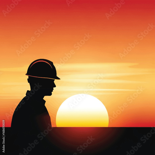 Silhouette of a dedicated construction worker in a protective hard hat against a vibrant orange sunset, symbolizing the end of a long day of labor
