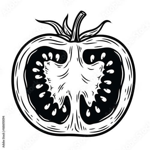 Black and white illustration of a tomato, halved to show seeds and pulp. Design element for organic food, healthy eating, culinary themes, vintage style projects