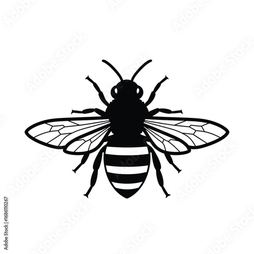 Stylized honey bee icon in a bold black and white design. A simple graphic symbol of nature's pollinator, representing beekeeping and ecology