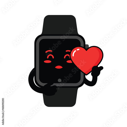 A black smartwatch cartoon character holding a red heart It has arms a face and a button