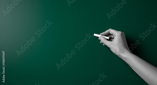 the hand that writes with chalk on a green board 