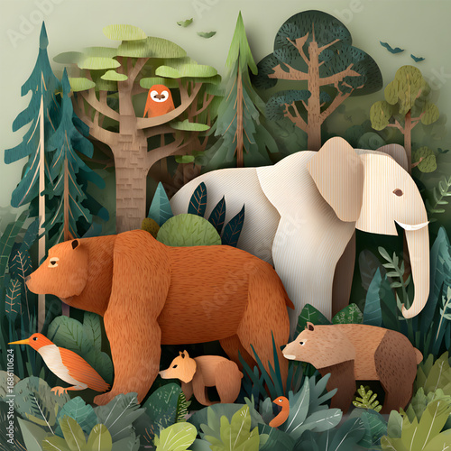 Enchanting diorama of wildlife including a bear and elephant in paper style.