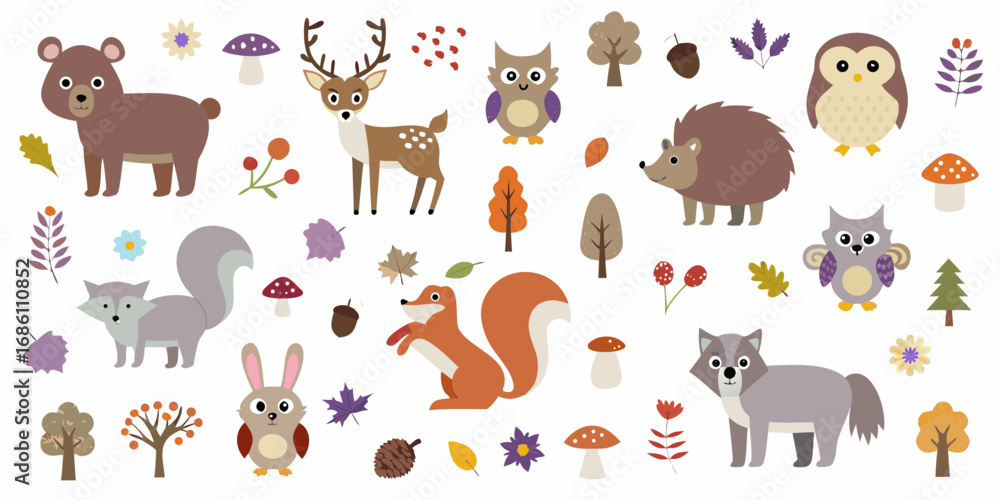 Fototapeta premium Cute woodland animals and autumn elements collection for children