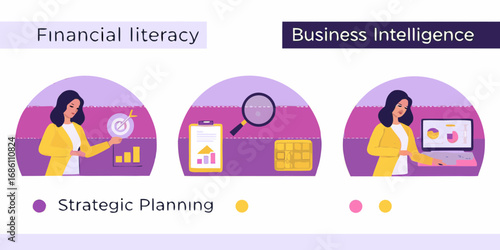 Business intelligence and financial literacy concepts with strategic planning and data analysis elements