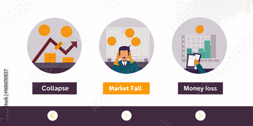Financial market collapse and money loss illustrated with graphs coins and stressed businessman