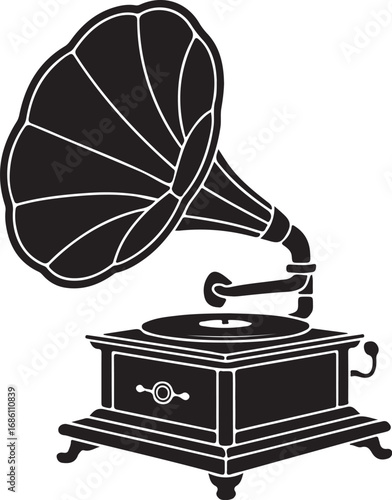 Vintage Gramophone Illustration Classic Music Player Design in Black and White for Nostalgic Themes
