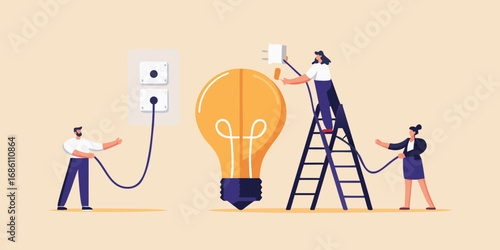 Teamwork and collaboration to bring a bright idea to life with a light bulb and electrical connection