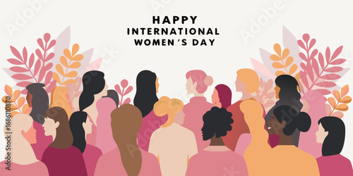Happy international women s day with diverse group of women and floral elements