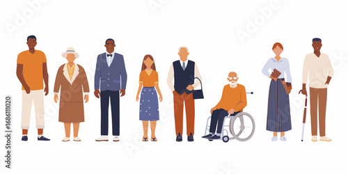 Diverse group of people standing together representing different ages genders ethnicities and abilities
