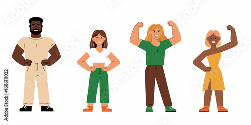 Diverse group of four people flexing their muscles and showing strength and confidence