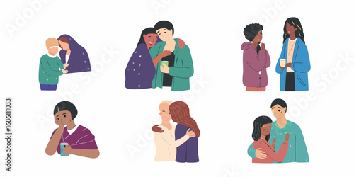 Diverse people offering comfort and support through hugs and empathetic gestures