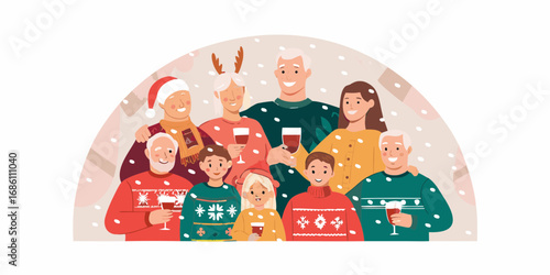 Happy multi generational family celebrating christmas together wearing festive sweaters and holding drinks