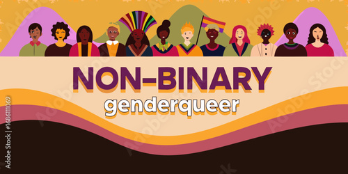 Diverse group of people celebrating non binary and genderqueer identities with pride flags and colorful attire