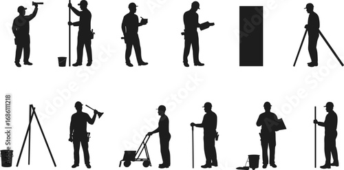 Construction worker silhouette set, laborer with tools equipment building maintenance poses, black vector illustration, industry workforce artwork for engineering, urban development design collection