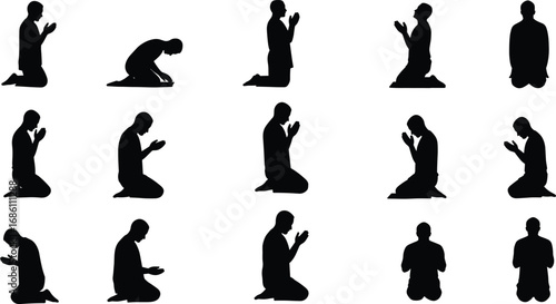 Praying man silhouette set, kneeling worship meditation poses, black vector illustration, religion faith artwork for spirituality, prayer devotion, mosque, church, holy design collection