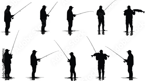 Fisherman silhouette set, fishing rod casting holding fish poses, black vector illustration, outdoor activity design for lake river hobby, sport recreation artwork collection