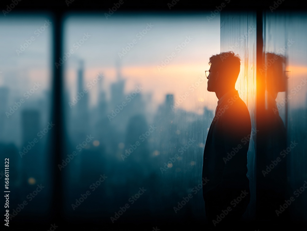 Fototapeta premium Silhouette of a Pensive Man Against a City Skyline at Sunset Urban Environment Lifestyle Photography