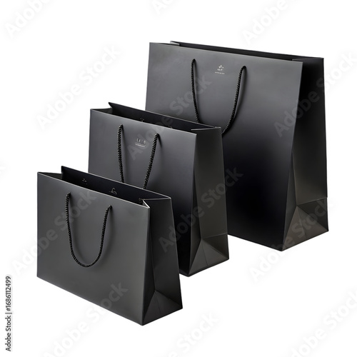 Three Black Paper Gift Bags: Sizes and Packaging on transparent background