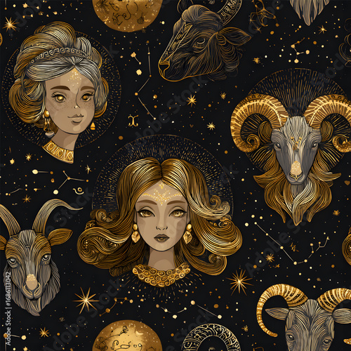 Mystical Seamless Pattern of Zodiac Signs and Women Portraits.