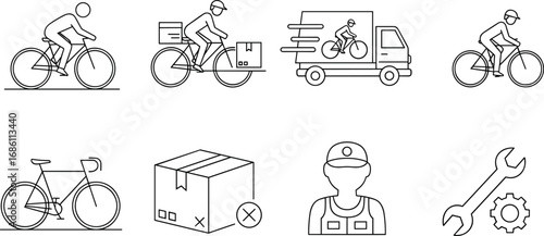 Bicycle delivery service, urban logistics, courier on bike, eco-friendly transport, package delivery, maintenance tools, shipping box, express service, fast mobility