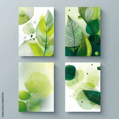 Set of Four Abstract Green Botanical Leaf Watercolor Paintings.