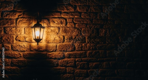 Vintage wall lantern glowing warmly on rustic stone brick wall at night