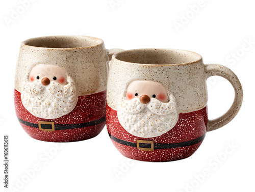 Pair of santa mugs isolated on transparent background, perfect for festive beverages.