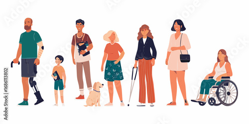 Diverse group of people with disabilities and a service dog standing together inclusively