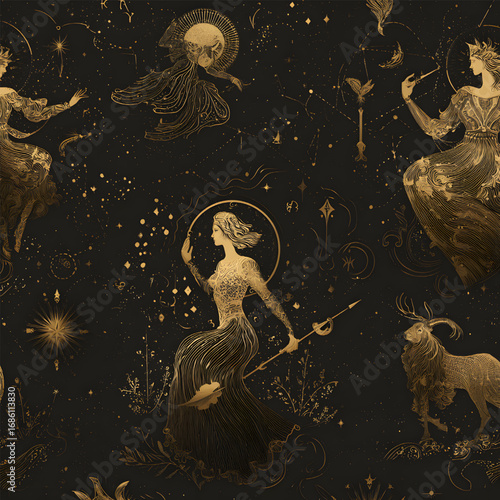Golden Celestial Goddesses and Mystical Figures Seamless Pattern.