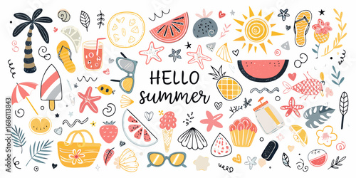 Vibrant collection of hand drawn summer icons and elements with hello summer text