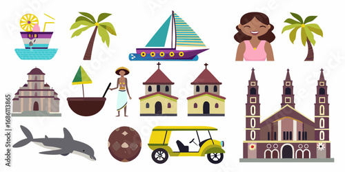 Collection of philippine cultural icons and landmarks including churches a jeepney a sailboat and a smiling woman