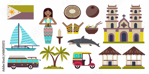 Collection of filipino cultural icons and symbols featuring flag architecture transportation and nature
