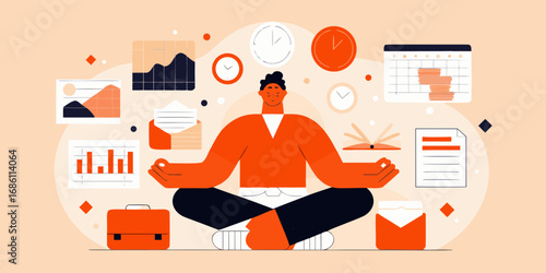Calm businessman meditating surrounded by business charts clocks calendar and documents representing work life balance