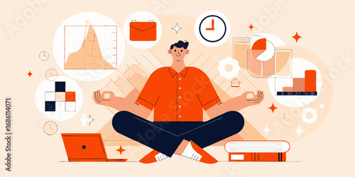 Man meditating surrounded by business icons representing productivity and balance
