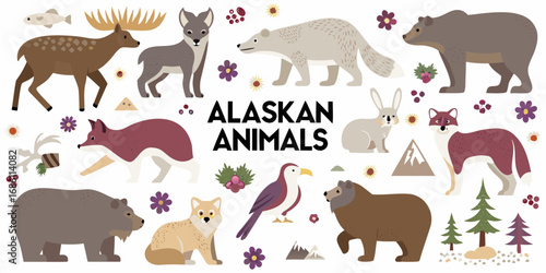 Collection of cute cartoon alaskan animals and nature elements on a white background