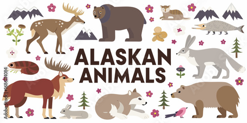 Collection of alaskan animals including bears moose deer fox wolf rabbit bird and fish in flat design style