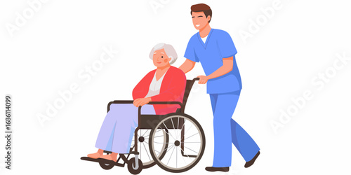 Caring male nurse pushes elderly woman in wheelchair with a smile