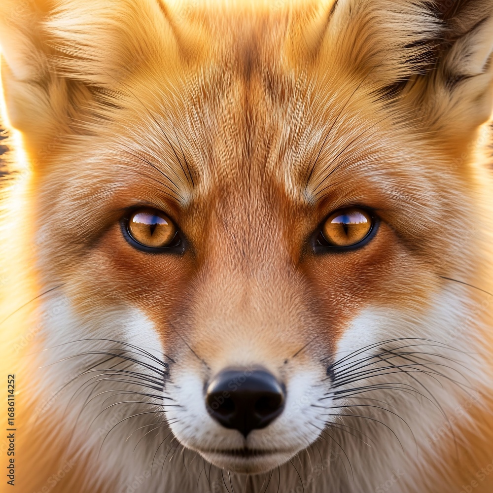 Fototapeta premium Close-up of a Wild Red Fox's Face with Piercing Amber Eyes and Vibrant Fur in Natural Habitat.
